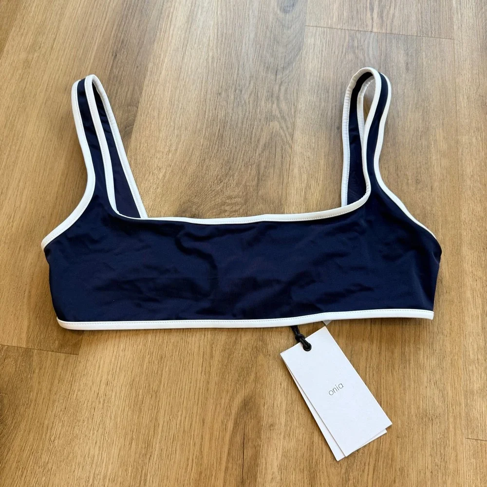 NWT Onia Claire Bikini Top Deep Navy White‎ Contrast Trim Womens Large